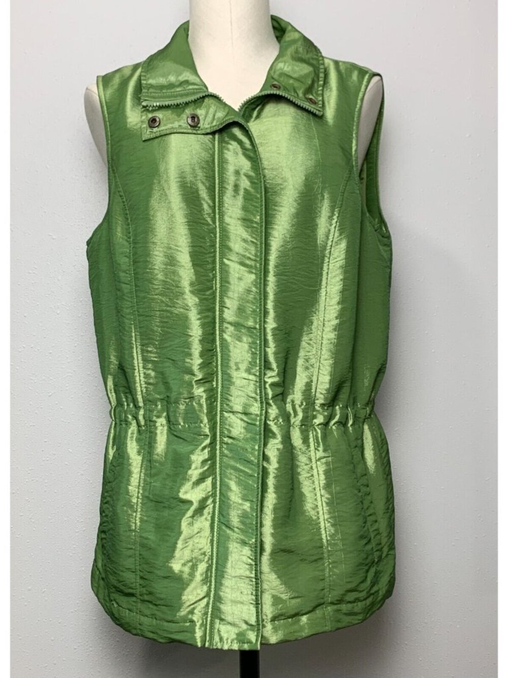 Coldwater Creek Vest Jacket Womens Medium Green Sleeveless Shiny Full Zip Snap